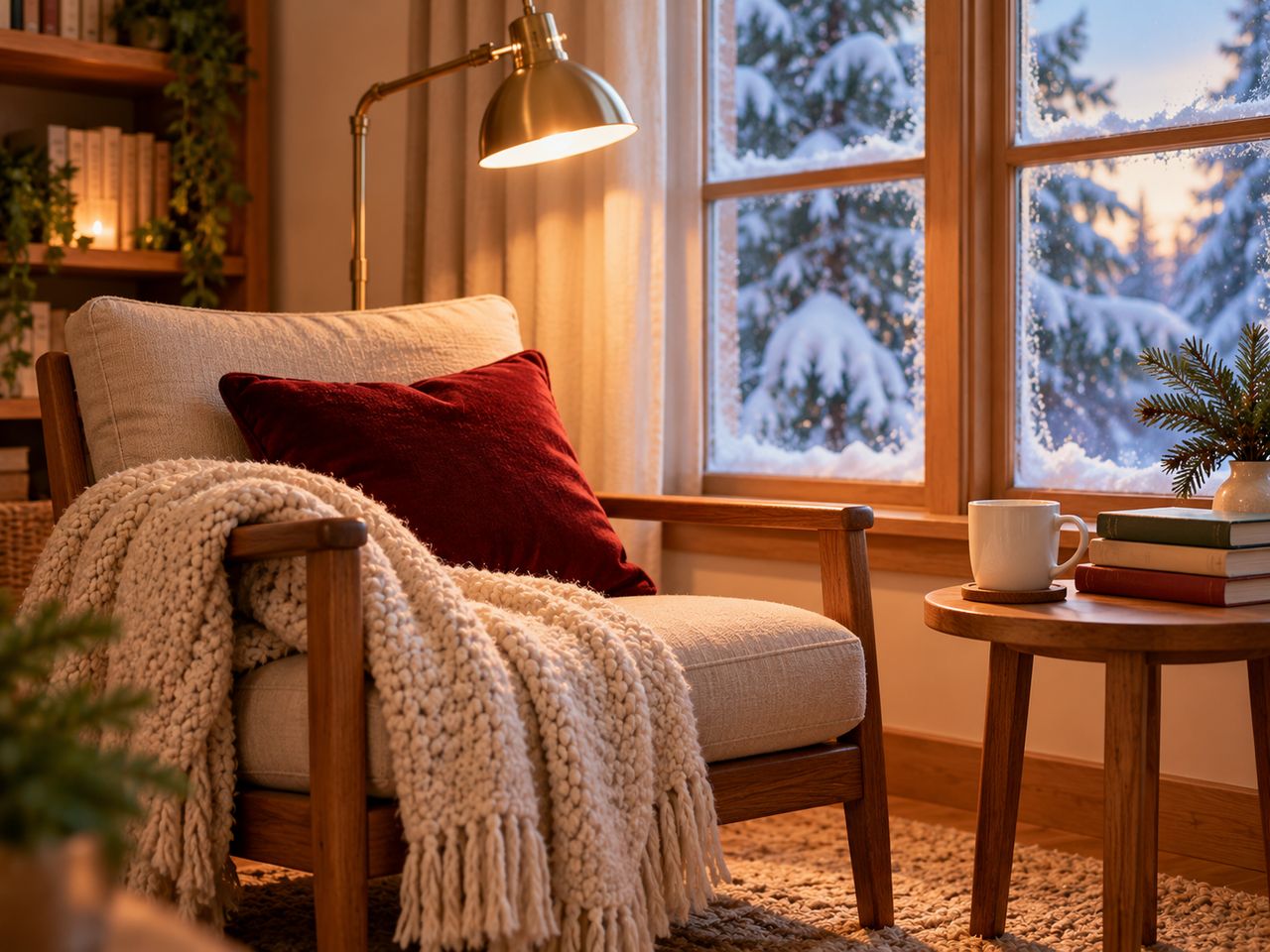 Illustration of a wooden armchair with a red velvet cushion and a cream knit throw by a frosty window, a brass floor lamp, and a side table with a white mug, a stack of books and a pine sprig in a vase.