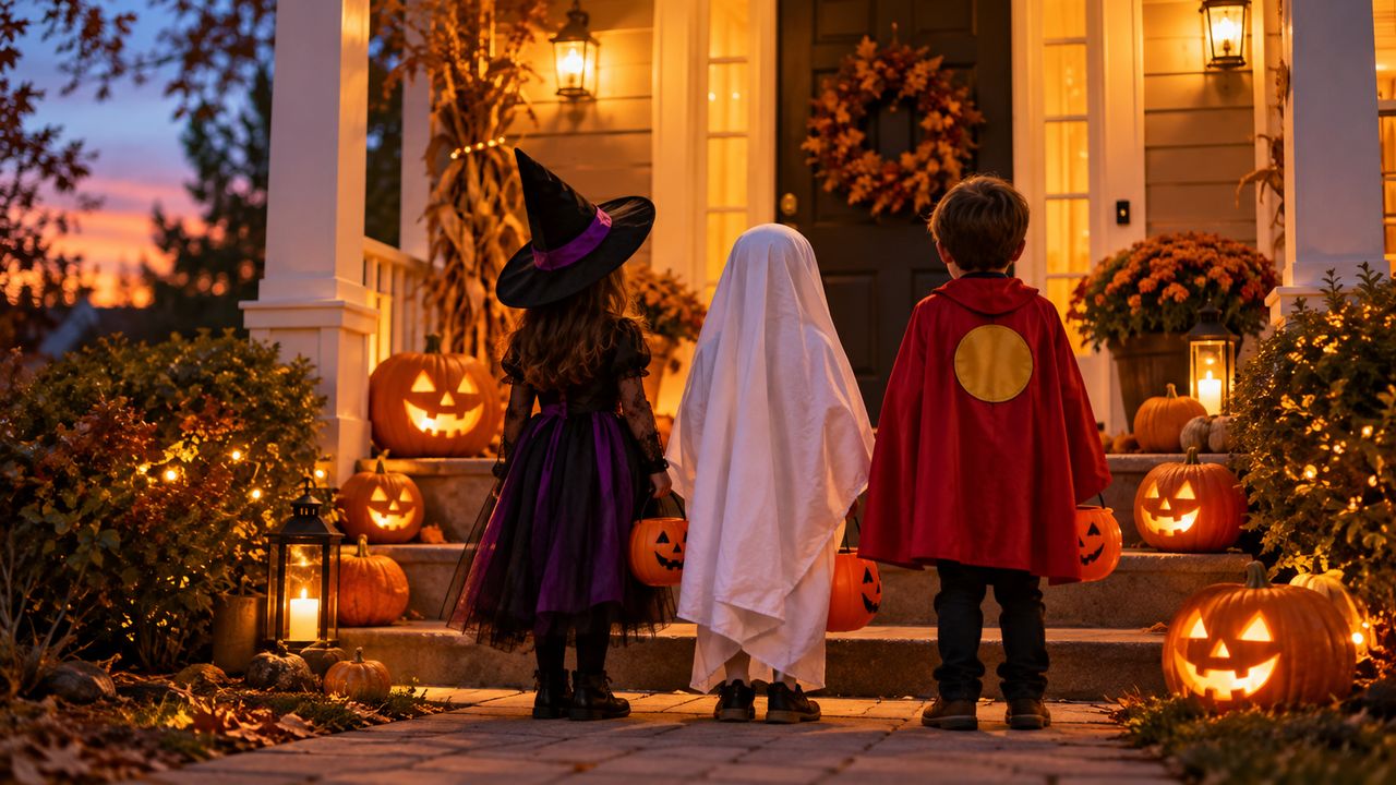 Illustration of three children seen from behind on a porch walkway at dusk, dressed as a witch, a sheet ghost and a red-caped superhero, with glowing jack-o’-lanterns on the steps.