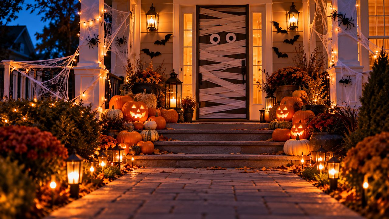Illustration of a front porch at night decorated for Halloween: a mummy-wrapped door with googly eyes, paper bats, stretched cobwebs, lanterns and carved pumpkins lining the steps.