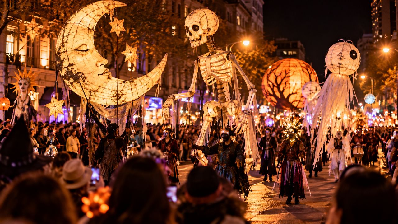 Illustration of a nighttime city Halloween parade with giant glowing puppets, including a crescent moon, a skeleton and ghost lanterns, above a crowd of spectators.