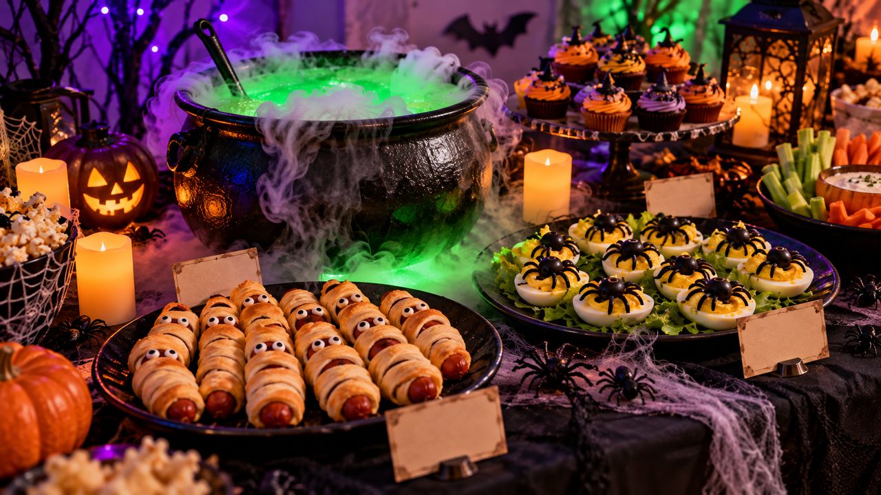 Illustration of a Halloween party table with a smoking green punch cauldron, mummy hot dogs, spider-topped deviled eggs, cupcakes, blank food labels and candles.
