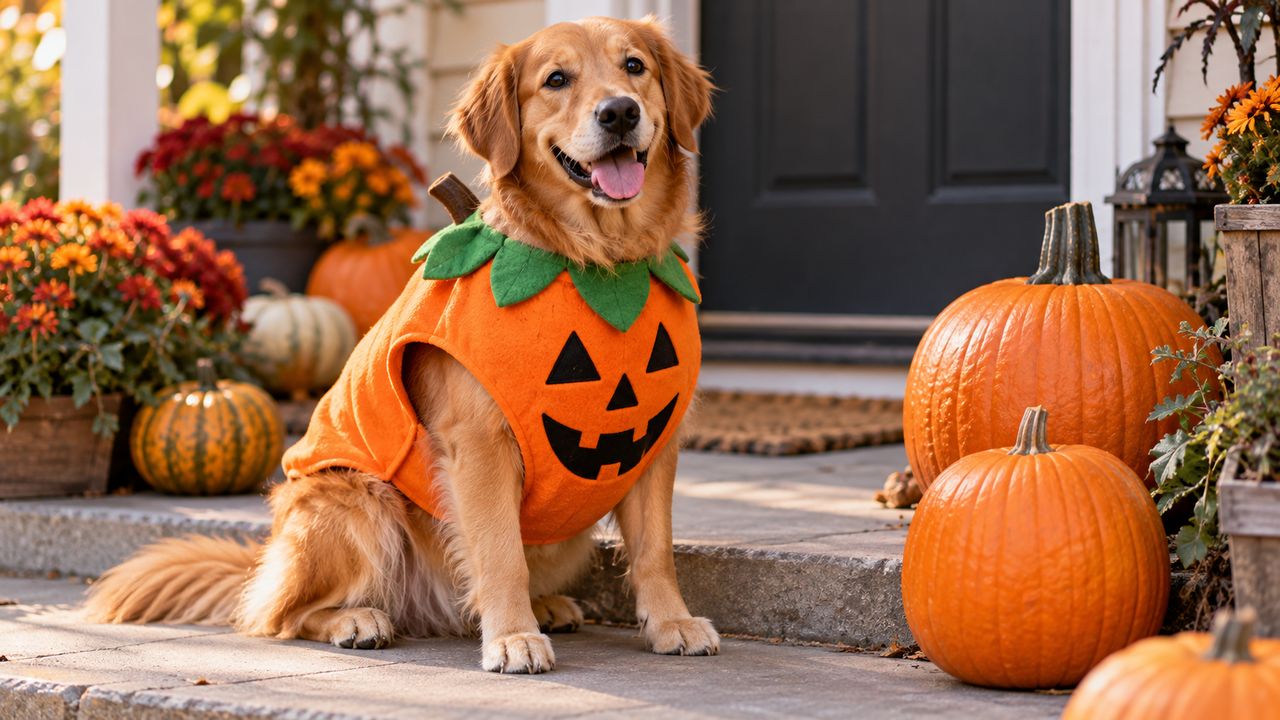 Illustration of a smiling golden retriever sitting on a porch step in an orange jack-o’-lantern costume, surrounded by pumpkins and autumn flowers.