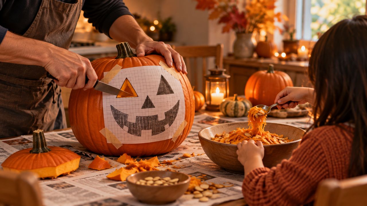 Illustration of an adult cutting along a taped paper face template on a large pumpkin while a child scoops pulp into a bowl at a newspaper-covered kitchen table.