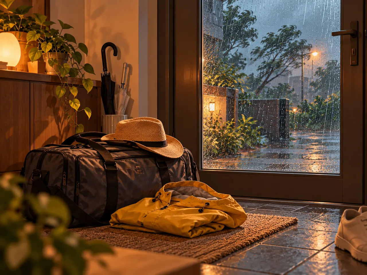 玄關地墊上放著旅行袋、草帽與摺好的黃色雨衣,旁邊有雨傘,玻璃門外下著大雨、樹木被風吹斜