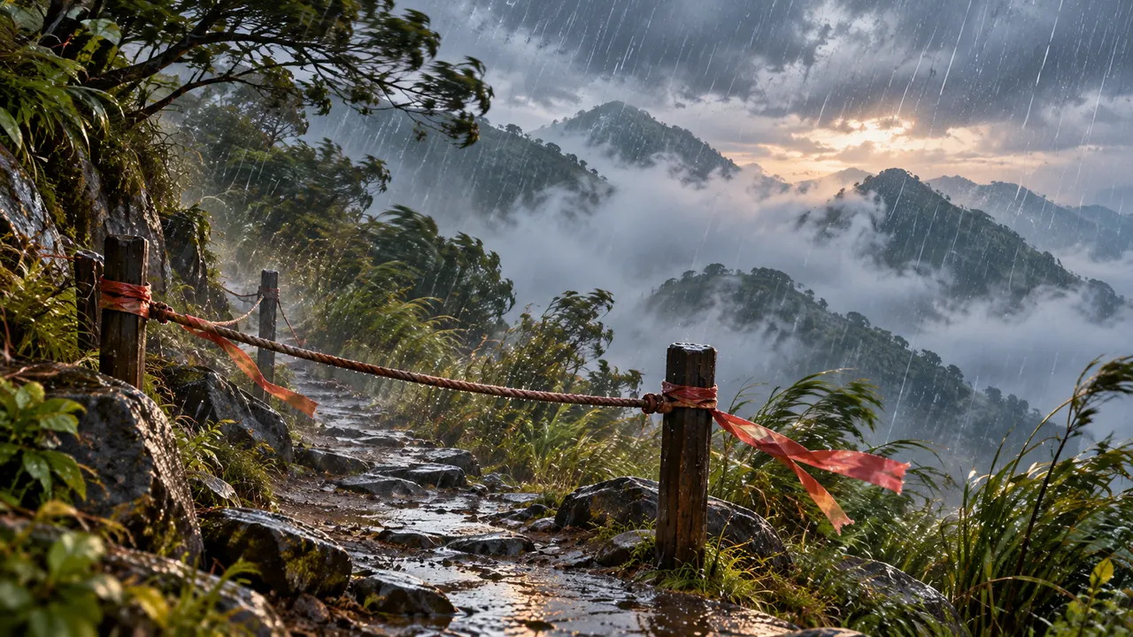 風雨中的山區步道,木樁之間拉著繩索與紅色布條擋住去路,路面濕滑有積水,遠方山稜被雲霧籠罩