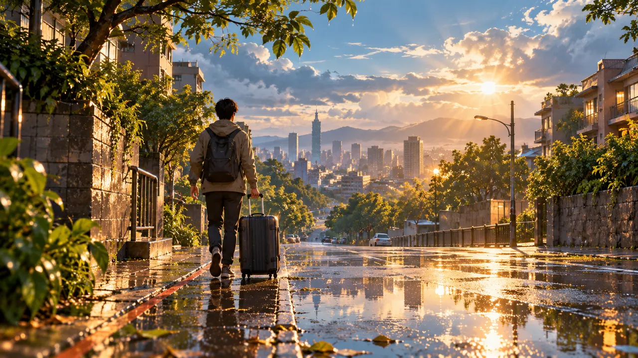 雨後放晴的街道,一名背著背包的旅人拖著行李箱走在濕亮的人行道上,遠方是城市天際線與夕陽