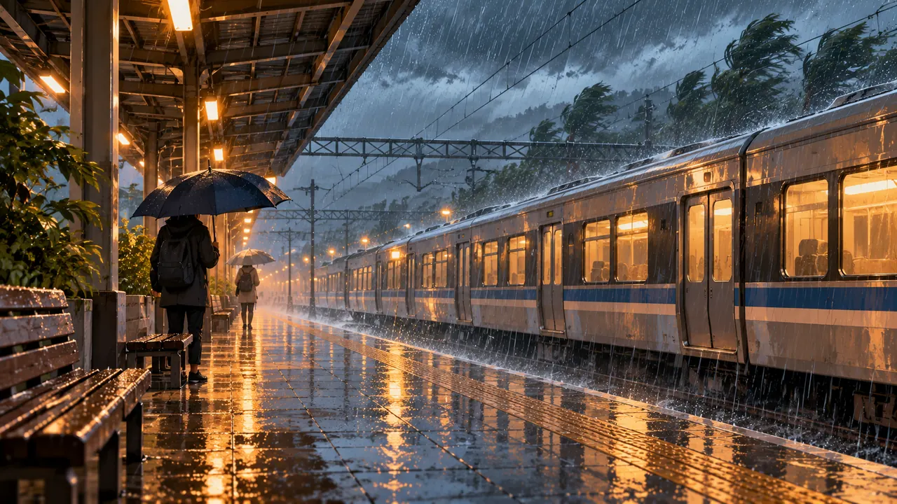 大雨中的火車月台,一列電車停靠在旁,月台地面積水反光,兩名旅客撐傘、背著背包站在月台上,遠處樹木被強風吹斜