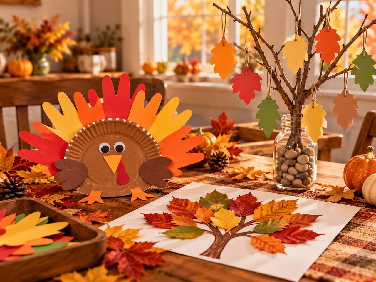 Illustration of finished kids’ Thanksgiving crafts on a table: a paper-plate turkey with handprint feathers, a leaf-collage tree with a drawn trunk and a crown of real leaves, and a gratitude tree of bare branches in a pebble-filled jar hung with paper leaves on twine.