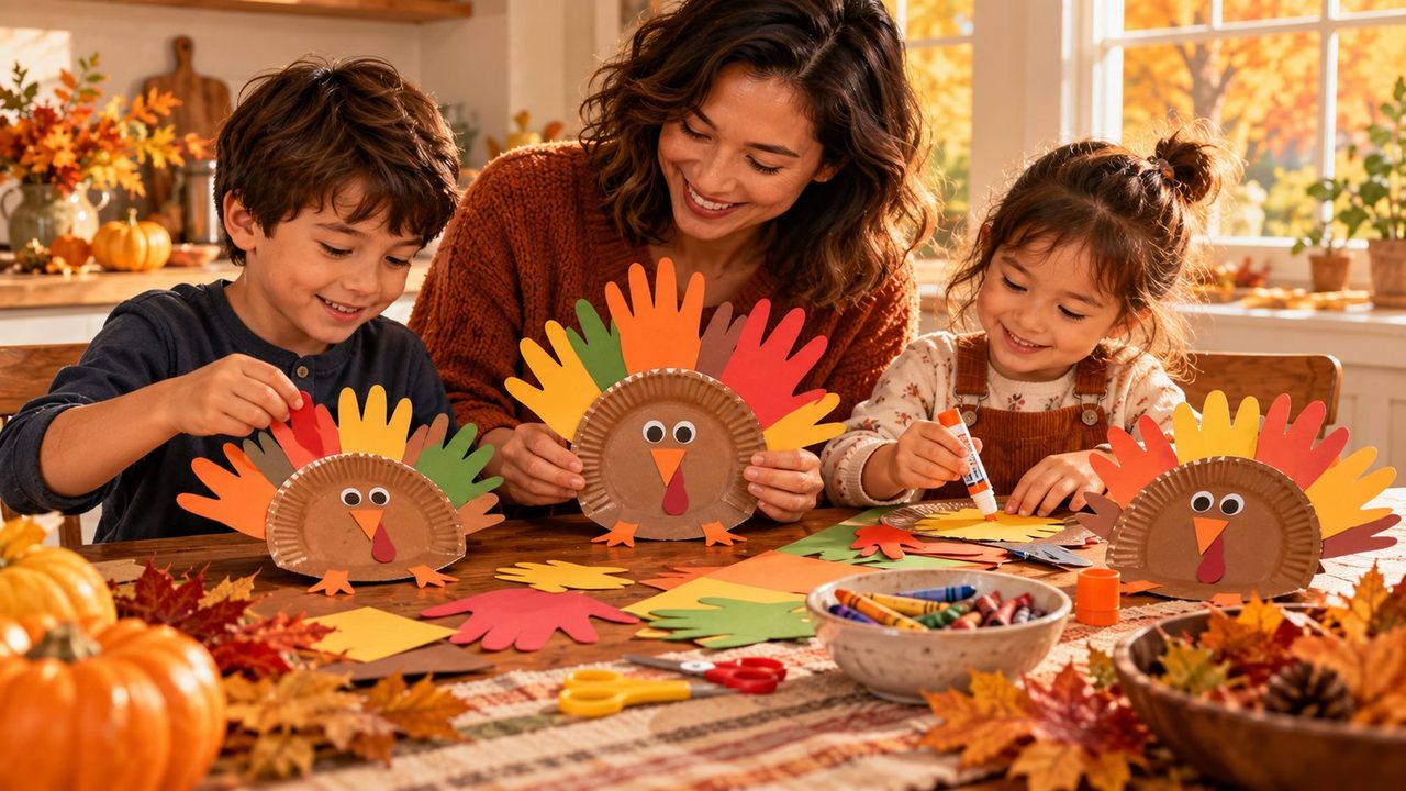 Illustration of a parent and two young children at a kitchen table making paper-plate turkeys with colorful handprint feathers, surrounded by a glue stick, a bowl of crayons, scissors, autumn leaves and small pumpkins.