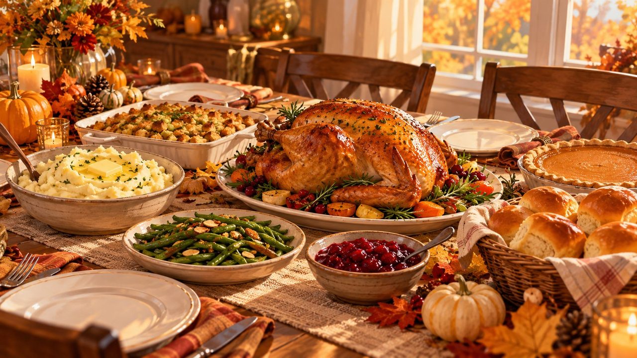 Illustration of a Thanksgiving dinner table in warm afternoon light by an autumn window: a roast turkey in the center surrounded by stuffing, mashed potatoes, green beans topped with almonds, cranberry sauce, a basket of rolls and a pumpkin pie.