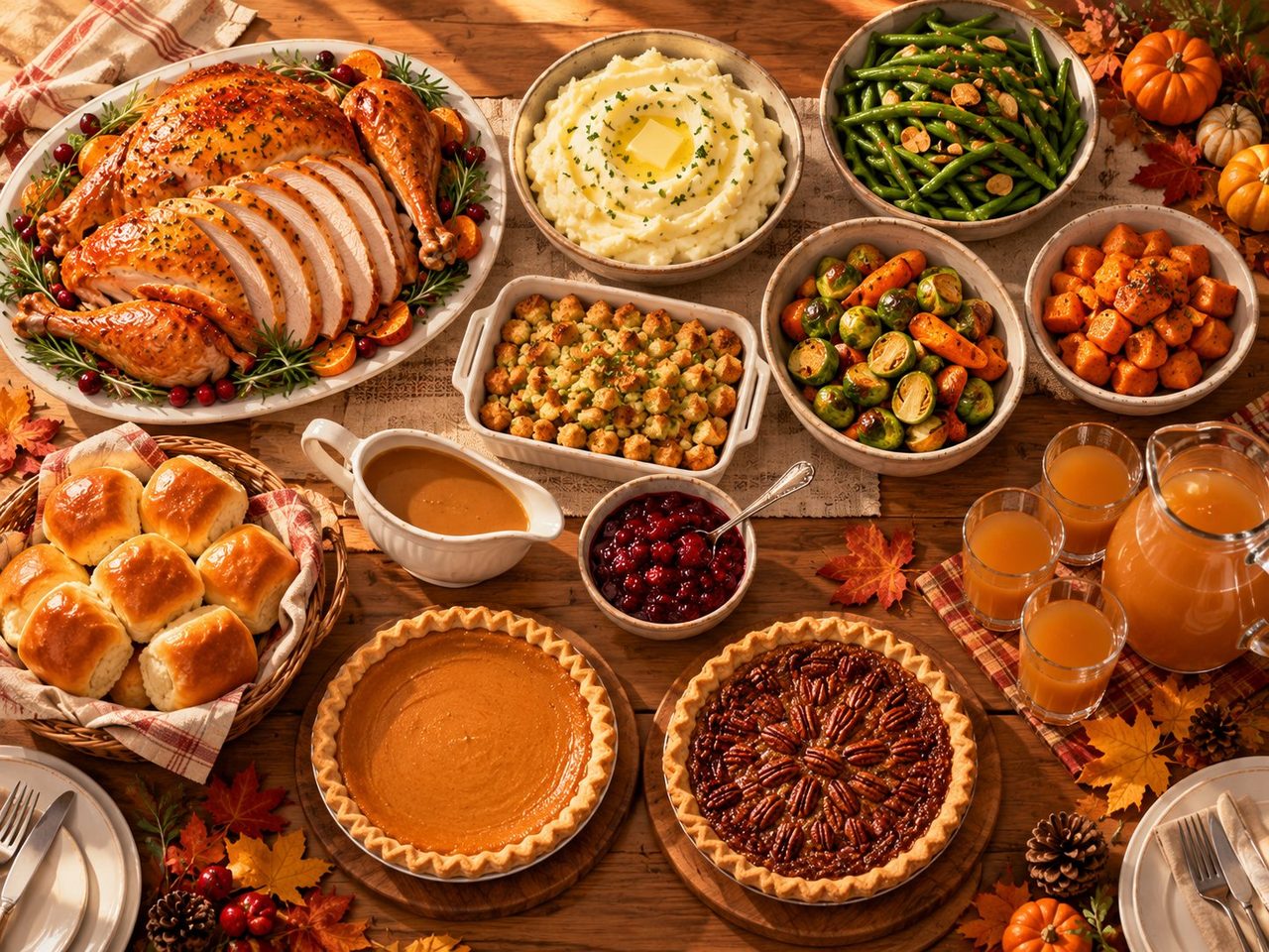 Overhead illustration of a Thanksgiving spread on a wooden table: a platter of sliced roast turkey, bowls of mashed potatoes, stuffing, green beans, roasted Brussels sprouts with carrots and roasted squash cubes, a gravy boat, cranberry sauce, dinner rolls, a pumpkin pie, a pecan pie, and a pitcher with glasses of cider.