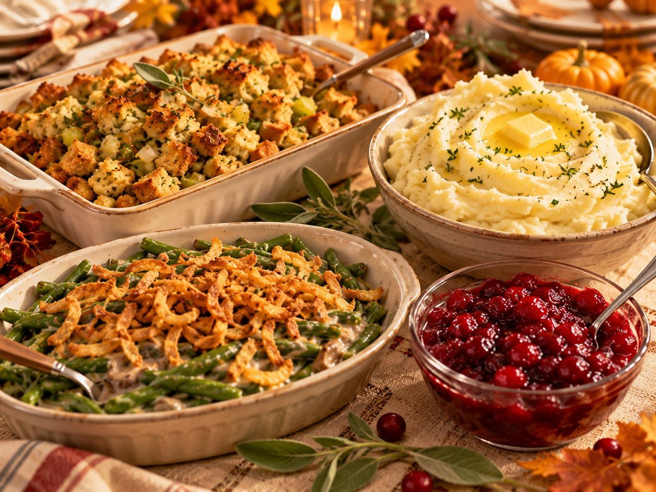 Close-up illustration of Thanksgiving side dishes on a linen tablecloth: a baking dish of herb stuffing, a bowl of mashed potatoes with butter, green bean casserole topped with crispy onions, and a small bowl of cranberry sauce.