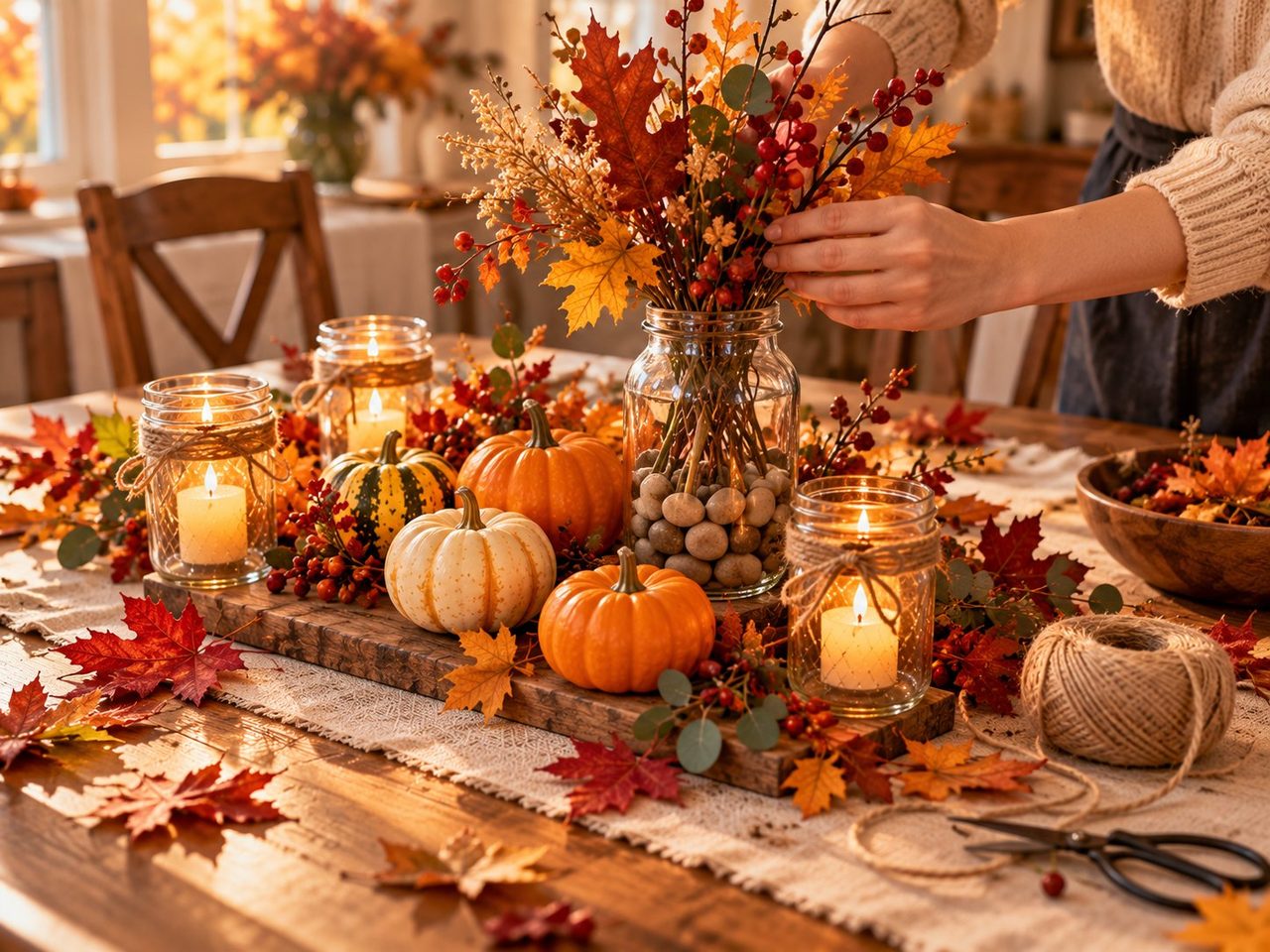 Illustration of one hand arranging autumn branches and red berries in a pebble-filled glass jar on a wooden board, with small pumpkins, candles in twine-wrapped mason jars, a spool of twine, scissors, eucalyptus and a bowl of leaves nearby.