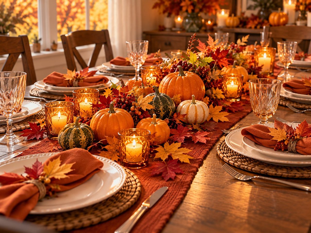 Illustration of a Classic Autumn Thanksgiving table: a rust-colored runner with clusters of orange, white and green-striped pumpkins and gourds, scattered autumn leaves and amber glass votives, with white plates on woven chargers, rust napkins tucked with sprigs and cut-crystal glasses.