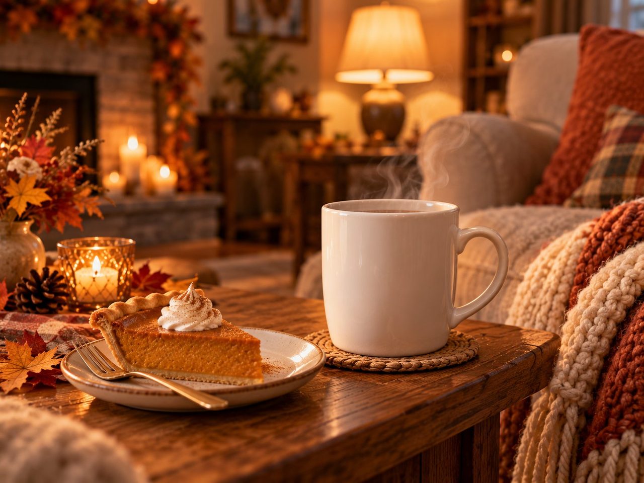Illustration of a cozy after-dinner moment: a steaming plain cream mug on a woven coaster beside a slice of pumpkin pie with whipped cream, a knit blanket on the sofa arm, a lamp and a candlelit fireplace in the background.