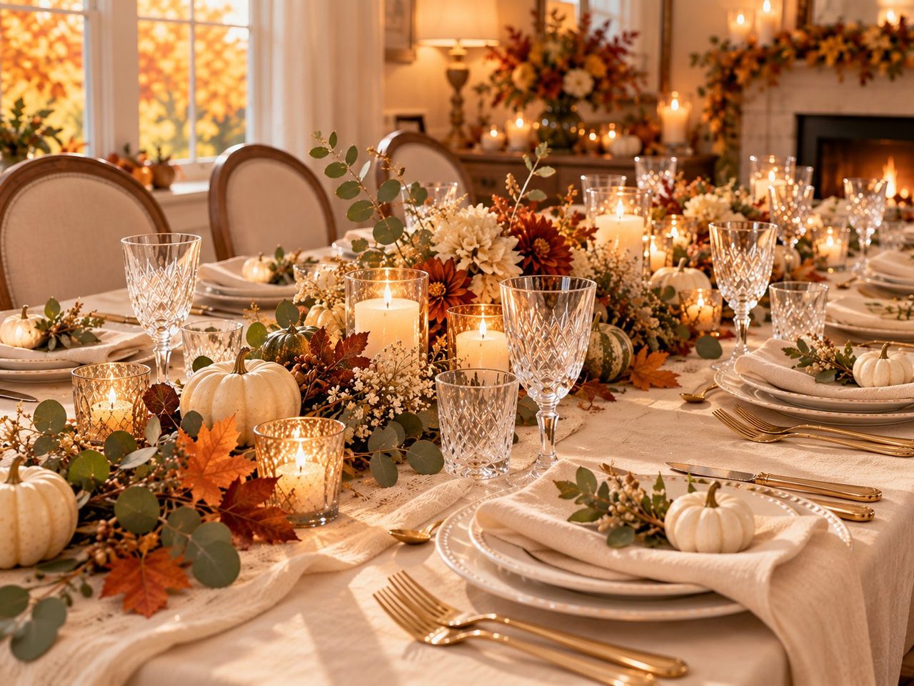 Illustration of an Elegant Neutral Thanksgiving table in warm candlelight: a cream tablecloth, white plates with cream napkins, small white pumpkins, eucalyptus, cut-crystal glasses and gold flatware, with rust leaves and burnt-orange and burgundy flowers as accents.