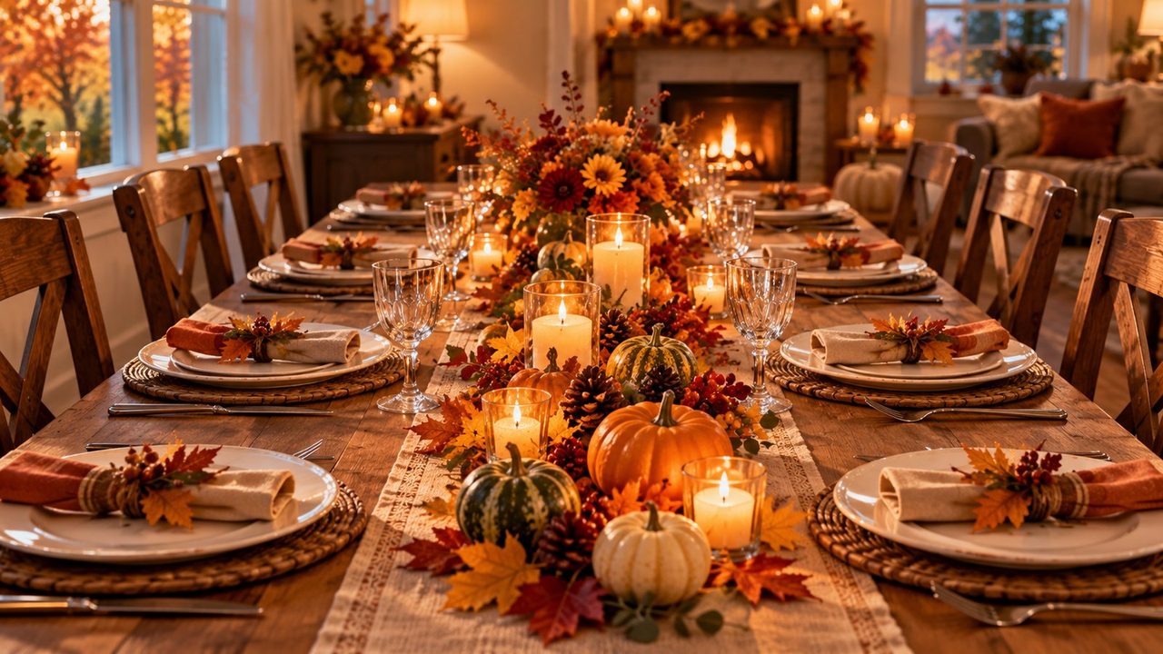 Illustration of a long Thanksgiving dinner table set for a large group in warm evening light by a fireplace: an autumn flower arrangement, small pumpkins, pine cones and pillar candles in glass holders down the center, with rust napkins and leaf sprigs on woven chargers at each place.