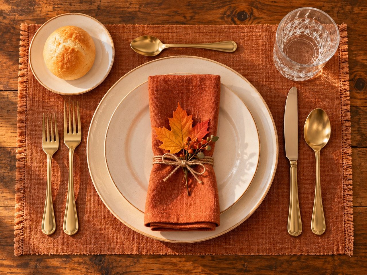 Overhead illustration of a single Thanksgiving place setting on a rust fringed placemat: a plate stacked on a larger plate with a rust napkin tied with twine and a sprig, two gold forks on the left, knife and spoon on the right, a cut-glass water glass at the upper right, a dessert spoon above the plate and a roll on a bread plate at the upper left.