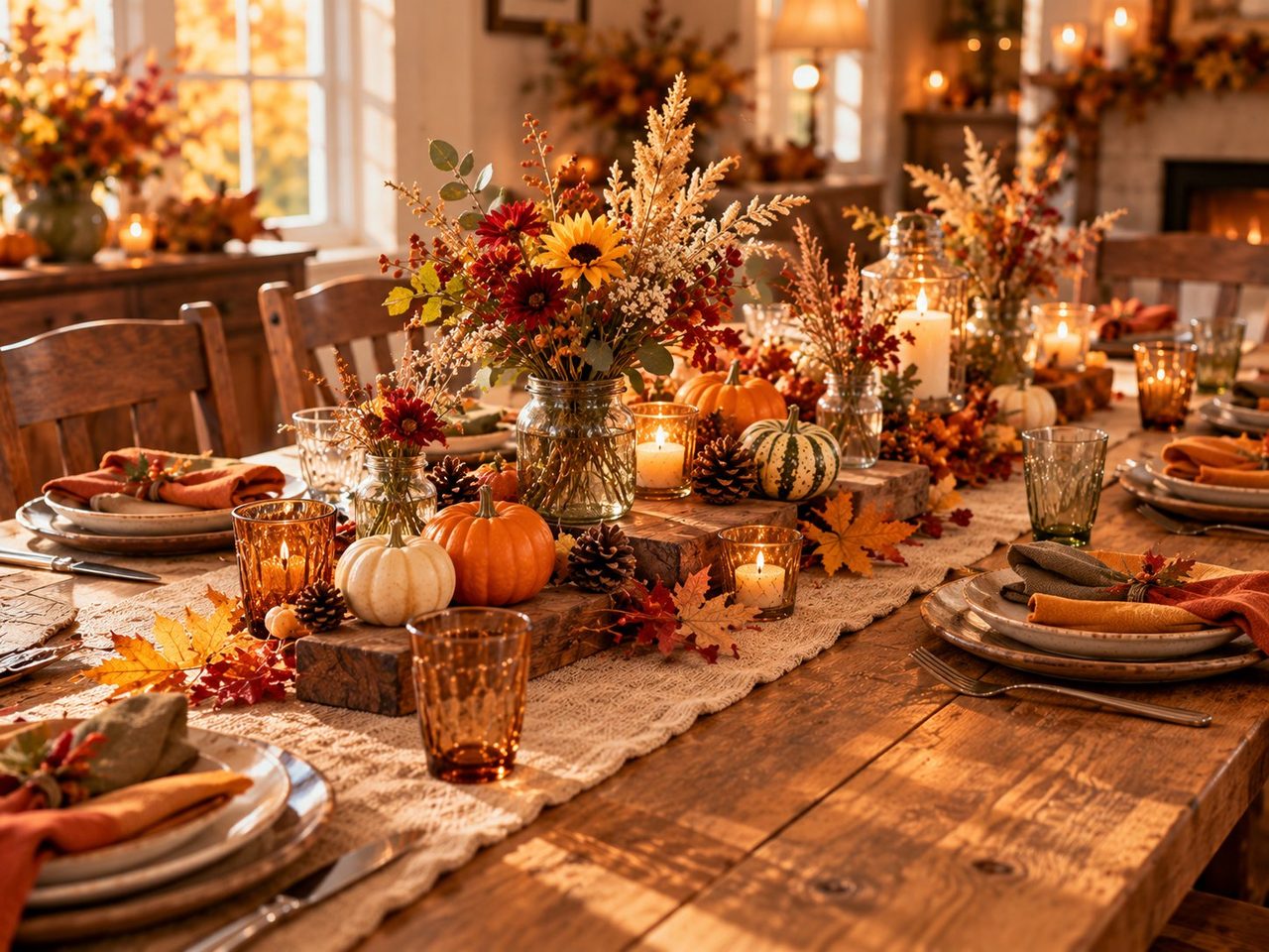 Illustration of a Rustic Natural Thanksgiving table: a wooden table with a cream knit runner, wooden blocks holding jars of sunflowers, dahlias and dried grasses, pine cones, candles, amber glasses and stoneware plates.