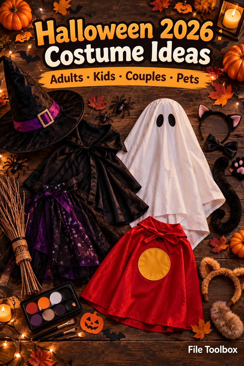 Vertical illustration of a witch hat and dress, a sheet-ghost costume, a red cape, a makeup palette and pet ears on a wooden table, under the title “Halloween 2026 Costume Ideas: Adults, Kids, Couples, Pets”.