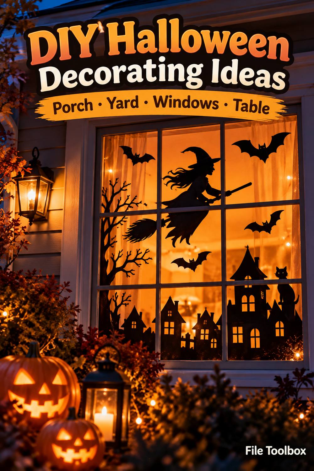 Vertical illustration of a lit window with witch, bat and haunted-house silhouettes above jack-o’-lanterns, under the title “DIY Halloween Decorating Ideas: Porch, Yard, Windows, Table”.