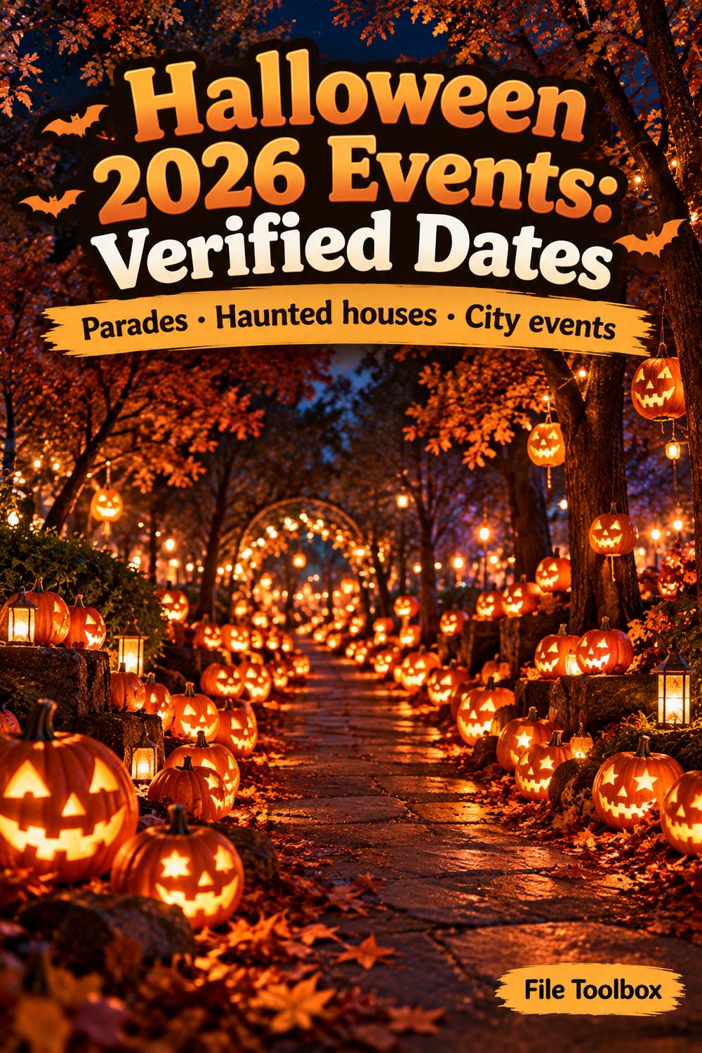Vertical illustration of a park path lined with hundreds of glowing jack-o’-lanterns under autumn trees, under the title “Halloween 2026 Events: Verified Dates. Parades, Haunted houses, City events”.