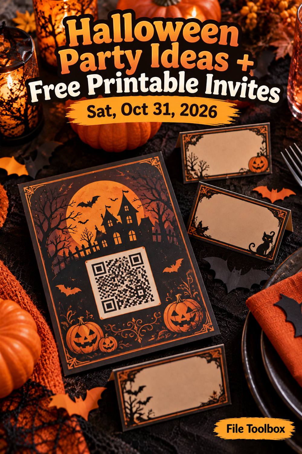 Vertical illustration of a haunted-house party invitation with a QR code and blank place cards on a dark table, under the title “Halloween Party Ideas + Free Printable Invites, Sat, Oct 31, 2026”.