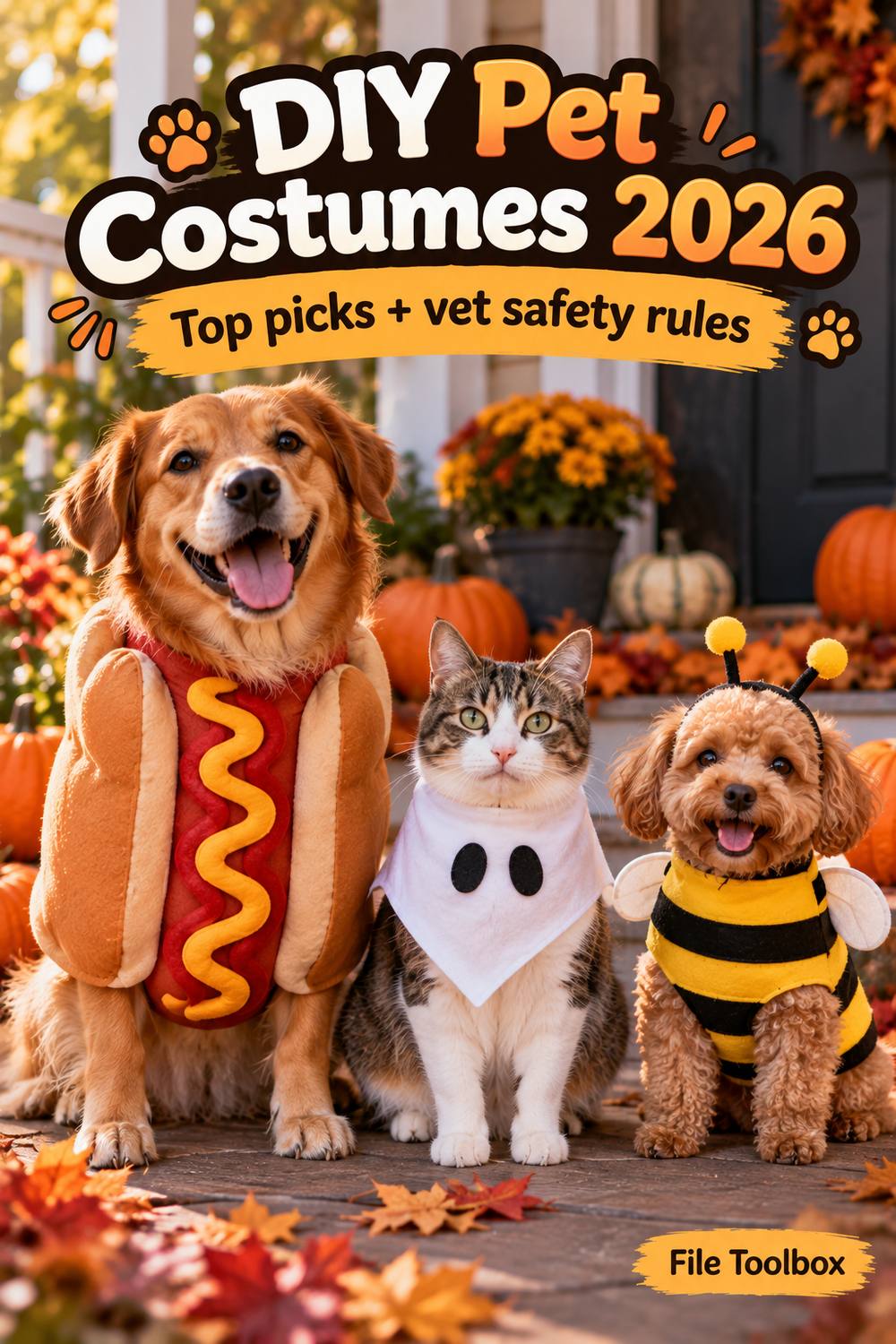 Vertical illustration of a dog dressed as a hot dog, a cat in a white bib with a bow tie and a small dog in a bumblebee costume on a porch, under the title “DIY Pet Costumes 2026: Top picks + vet safety rules”.