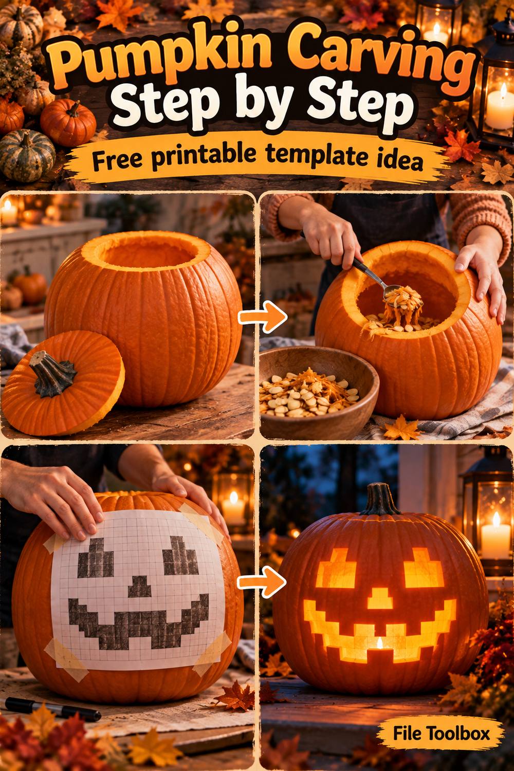 Vertical illustration of four carving steps: cut the lid, scoop out the pulp, tape on a face template, and the finished lit jack-o’-lantern, under the title “Pumpkin Carving Step by Step”.