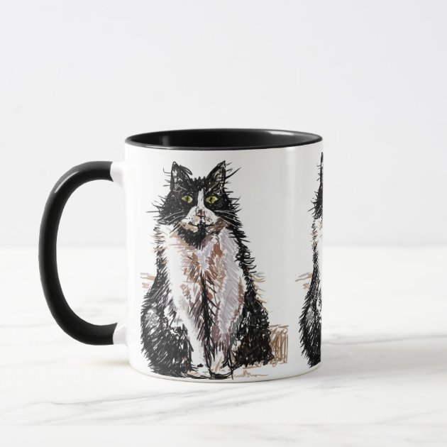 Zazzle product image of a white mug with a hand-drawn black and white tuxedo cat illustration.
