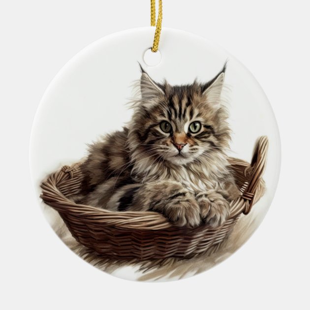 Zazzle product image of a round ceramic ornament with a gold thread, showing a fluffy brown tabby Maine Coon cat lying in a woven basket.