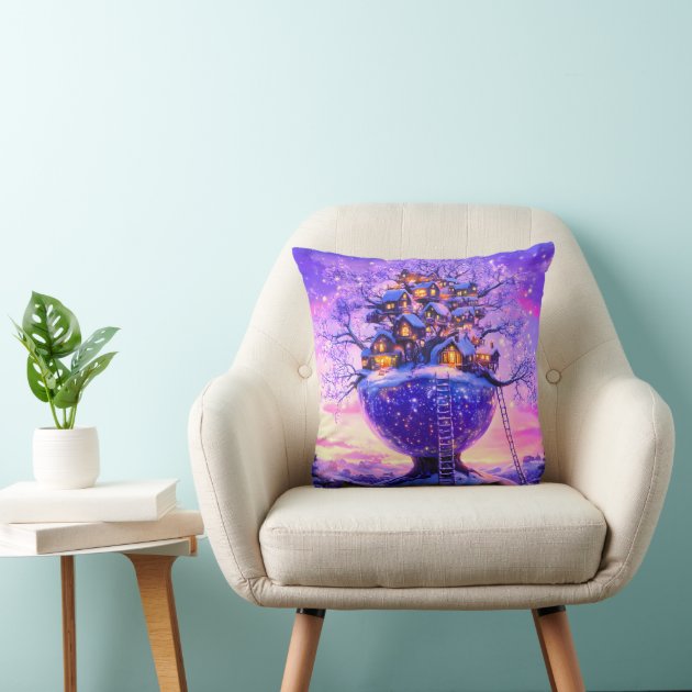Zazzle product image of a square throw pillow on a cream armchair, printed with a glowing tree village in purple and violet tones.