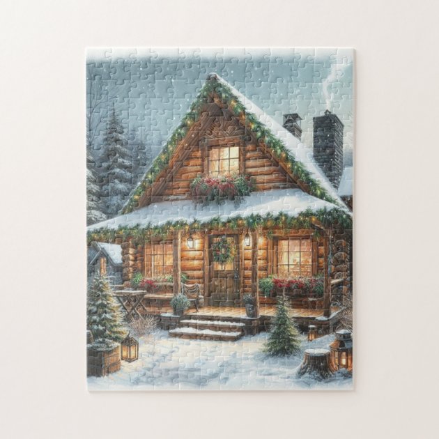 Zazzle product image of a jigsaw puzzle showing a log cabin with glowing windows in deep snow among pine trees.