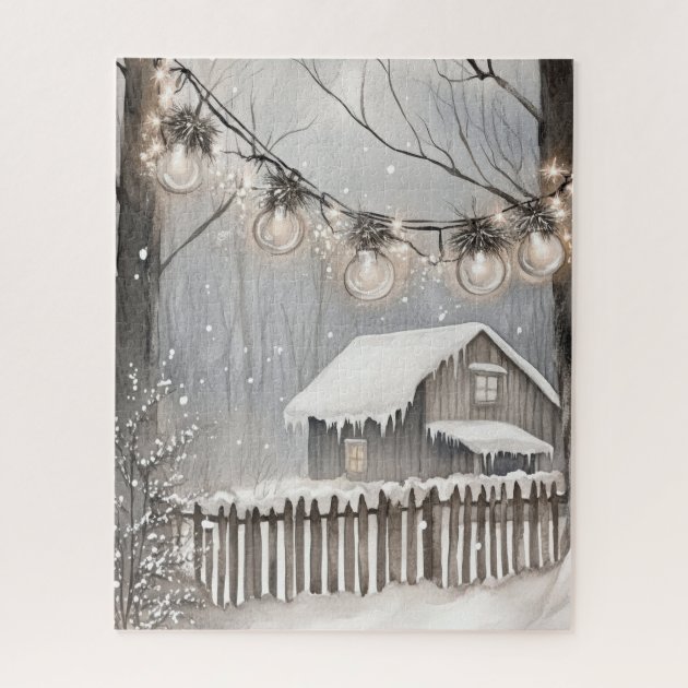 Zazzle product image of a jigsaw puzzle showing a small snowy cottage behind a weathered fence with string lights in the foreground.