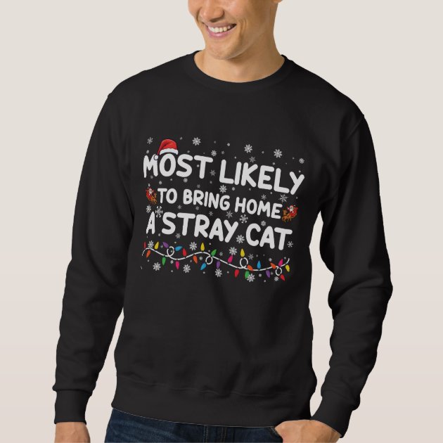 Zazzle product image of a man wearing a black sweatshirt with the words Most Likely to Bring Home a Stray Cat and a string of colorful holiday lights.